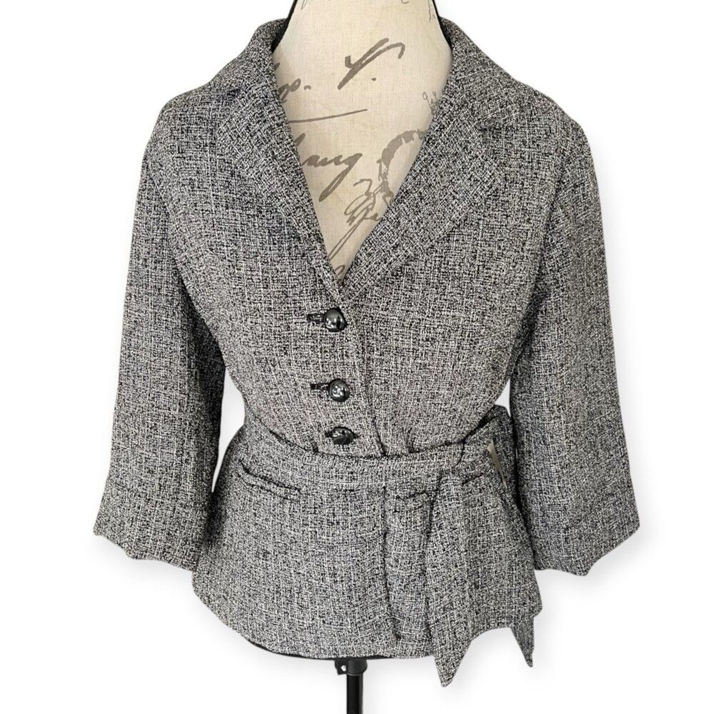 Cato Blazer Jacket Sz 8 Tweed Belted Textured Knit Button Front 3/4 Sleeve Work